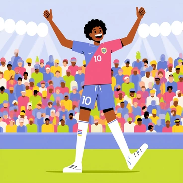 Ronaldinho, a Brazilian football player with curly black hair and a broad smile, is depicted in a vibrant stadium filled with cheering fans. He is wearing a blue and red team jersey with the number 10 on it. His arms are raised high in the air as he performs his iconic celebration dance, showcasing an energetic and joyful expression. The background features bright stadium lights illuminating the field, while colorful banners wave in the crowd. The green grass of the pitch contrasts with the vivid colors of his jersey, highlighting the excitement of the moment.