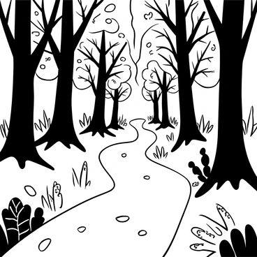 A winding forest path covered in autumn leaves with soft sunlight filtering through trees