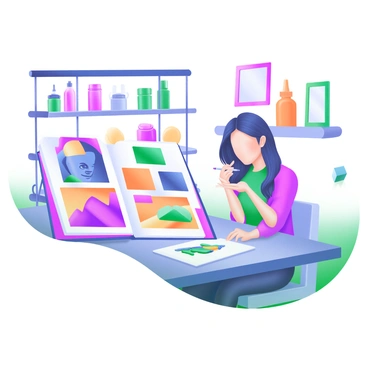 A modern pastel illustration depicting an agency representative seated at a sleek table, reviewing an artist's portfolio. The portfolio is open, showcasing a variety of colorful artwork, including abstract pieces, detailed portraits, and vibrant landscapes. The representative is focused, with a thoughtful expression, and is holding a pen in one hand. The background features shelves filled with art supplies and framed artworks, enhancing the creative atmosphere of the scene.