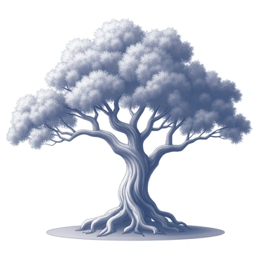 A majestic tree of life dominates the scene, its trunk thick and textured with deep grooves. The roots extend outward, anchoring the tree firmly into the ground, intertwining and spreading wide across the earthy surface. The branches reach high into the sky, sprawling out in multiple directions, creating a vast canopy overhead. Each branch is laden with an abundance of leaves, showcasing various shapes and sizes. The entire structure conveys a sense of strength and vitality, with the tree standing proud and imposing in its surroundings.