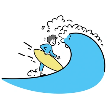 A surfer, wearing a blue wetsuit, is riding a massive, curling wave. The wave is depicted with intricate curls and splashes, capturing the motion of the water. The surfboard is bright yellow, standing out against the deep blue ocean. Sunlight glints off the surface of the water, enhancing the dynamic scene. The surfer is positioned in a crouched stance, skillfully balancing on the board as the wave crashes around him.