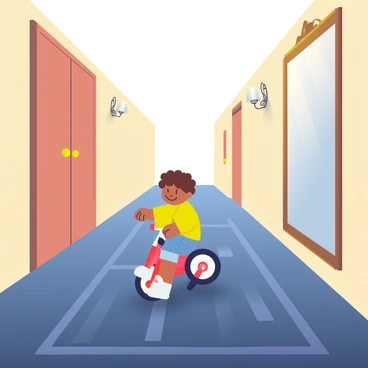 A small child with curly brown hair is riding a red tricycle down a long, empty hotel hallway. The hallway is lined with beige walls and has a plush, dark blue carpet featuring a subtle geometric pattern. Soft, warm lighting illuminates the space, casting gentle shadows. On the left side, there are closed wooden doors with brass handles, while on the right, a large ornate mirror reflects the child and the tricycle. The child is wearing a bright yellow shirt and denim shorts, smiling as they pedal forward. Decorative wall sconces provide additional light, enhancing the inviting atmosphere of the hallway.