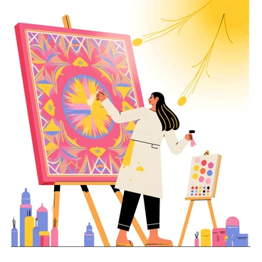 An artist with long brown hair is painting in front of a large, colorful tapis that has intricate geometric designs. The tapis features vibrant reds, blues, and yellows, creating a rich tapestry of color. The artist is wearing a white apron splattered with paint and is focused on transferring the tapis's hues to a canvas set on an easel beside them. Various paintbrushes and a palette filled with a spectrum of colors are placed on the ground around the artist. Sunlight filters through the trees in the background, illuminating the scene with a warm glow.