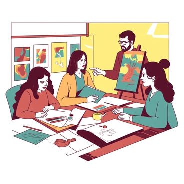A group of five artists is gathered around a large table covered with various art supplies and sketches. Each artist has a focused expression as they listen attentively to a fellow artist providing feedback. One artist, a woman with long dark hair, is holding a teal sketchbook, looking thoughtful as she takes notes. Another artist, a man with glasses, is pointing at a vibrant painting displayed on an easel, discussing its elements with enthusiasm. The room is filled with warm yellow light, creating a cozy atmosphere. On the walls, several completed artworks hang, showcasing a variety of styles and colors, adding to the creative energy in the space.