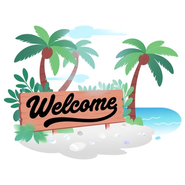 A tropical island scene features several tall palm trees swaying gently in the breeze. The sand is fine and white, stretching across the beach under a bright blue sky. In the foreground, a large wooden sign reads "Welcome" in bold lettering, surrounded by vibrant green foliage. The ocean glistens with shades of turquoise and light blue, and small waves lap at the shoreline. Various seashells and beach pebbles are scattered along the sandy area, adding texture to the scene.