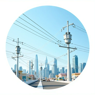 A complex network of power lines stretches across the image, connecting multiple towering transformers. The transformers are large, metallic structures positioned at various points along the lines. In the background, a bustling city skyline is visible, with tall skyscrapers reflecting sunlight. The sky is clear, and the power lines form intricate patterns against the blue backdrop. Below, streets are filled with vehicles and pedestrians, showcasing the energy and activity of urban life that the power network supports.