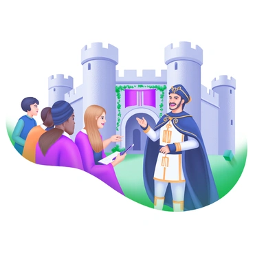 A scene depicting a tour guide dressed in intricate historical costume, complete with a flowing cloak and a decorative hat, standing in front of a medieval castle with stone walls and turrets. The tour guide is animatedly answering questions, gesturing with one hand, while a group of tourists of various ages and backgrounds listens attentively, some taking notes and others using their smartphones to capture the moment. The atmosphere is lively, with the castle's entrance visible in the background, adorned with ivy and banners.