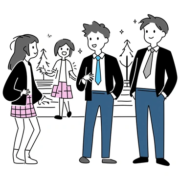 A group of four anime students standing in a school courtyard. Two boys are wearing tailored black blazers with white shirts and blue ties, and the third boy is in a dark blue blazer with a gray tie. The fourth student, a girl, is wearing a white blouse with a knee-length plaid skirt and a black cardigan. They are all smiling and engaged in conversation, with one boy gesturing as he speaks. The courtyard features a few trees and a stone path in the background.