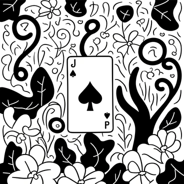 A "joker" card is placed prominently at the center of the image. It is surrounded by an "overgrown, magical garden" filled with "twisting vines" that spiral and interlace throughout the scene. Various "large leaves" and "exotic flowers" emerge from the dense foliage, creating an intricate backdrop. The "vines" extend outward, curling around the card and reaching towards unseen heights. The overall composition conveys a sense of enchantment and whimsy, highlighting the contrast between the defined structure of the card and the wildness of the garden.
