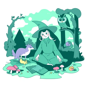 A teal witch with a pointed hat and a flowing gown is sitting cross-legged in a forest clearing. Surrounding her are two animated animals: a wise owl with large, round eyes perched on a nearby branch and a curious fox with a bushy tail sitting close by. The owl is leaning forward, appearing to share a story, while the fox is looking attentively at the witch. Sunlight filters through the trees, casting dappled shadows on the ground, and various colorful mushrooms and flowers surround the scene, adding to the magical atmosphere.