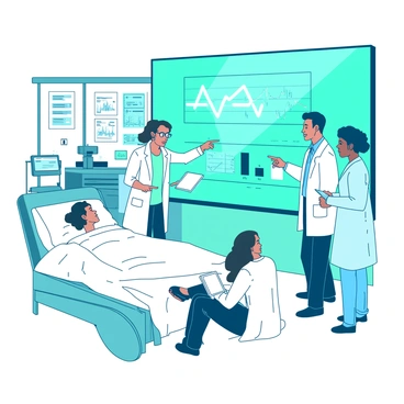 A group of doctors in white coats are gathered around a teal digital screen in a hospital setting, focused on the information displayed. One doctor, a woman with glasses, is pointing at the screen while another doctor, a man with brown hair, is typing notes on a white tablet. In the background, there are medical charts and equipment, creating a busy yet organized atmosphere. The AI system is represented by a glowing blue interface on the screen, showing various health data and analysis. A patient in a hospital bed nearby is resting, with a concerned family member sitting beside them, observing the collaboration.