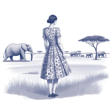 A person is standing in a savannah, wearing a dress inspired by safari themes. The dress features patterns resembling animal prints, incorporating spots and stripes. Surrounding the individual are tall grasses that sway gently in the wind, with acacia trees dotting the landscape. In the distance, a herd of elephants is visible, roaming peacefully under a clear sky. The overall scene captures the essence of a vibrant savannah environment.
