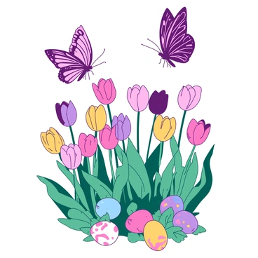 A group of vibrant butterflies with intricate patterns in their wings are fluttering around a patch of colorful tulips. The tulips are in full bloom, showcasing a variety of shapes and sizes. Scattered among the tulips are several decorated Easter eggs, each displaying different pastel colors and designs. The scene is lively with the movement of the butterflies and the vivid colors of the flowers and eggs.