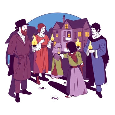 Several individuals dressed in historical costumes are gathered in a village setting, engaged in an evening reenactment. Each participant is holding an oil lamp, providing a warm glow that illuminates their faces. The costumes vary in style, showcasing rich textures and colors that reflect the era being portrayed. The background features quaint village buildings, slightly overshadowed by the soft light from the lamps. The atmosphere is lively, with participants interacting and sharing stories while the flickering flames cast dancing shadows around them.