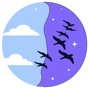 A dramatic V-formation of migratory birds flying in unison. The birds are silhouetted against a sky that is half bright blue with soft white clouds and half dark purple with twinkling stars. The transition between day and night is clearly defined, creating a striking contrast in the background. The birds are depicted with simple, clean shapes to emphasize their movement and coordination.