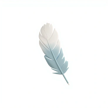 A single feather, with delicate wisps and soft barbs, is gently floating in mid-air. The feather displays a gradient of colors from white at the base to a light blue at the tip, creating a subtle iridescent effect. The background is completely blank, providing a stark contrast that highlights the feather's intricate details and graceful motion as it descends slowly downward.