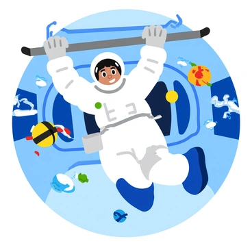 An astronaut in a white spacesuit with a reflective visor is performing pull-ups on a metallic exercise bar inside a space station. The astronaut's body is suspended in zero gravity, creating a visually dynamic position with limbs extended. Floating exercise equipment and various loose items drift around in the cabin. Bright lights illuminate the interior of the space station, highlighting the intricate controls and panels on the walls. A large window in the background reveals a stunning view of Earth, partly covered by clouds, against the backdrop of the dark void of space.