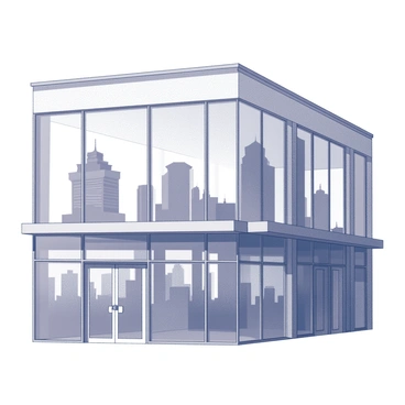 A modern office building facade consisting of large glass panels and steel frames. The glass surfaces are smooth and reflective, mirroring the surrounding city skyline, which includes various high-rise buildings and structures. The facade features sharp angles and clean lines, emphasizing the contemporary architectural design. The entrance is marked by a set of automatic glass doors, framed by steel accents that enhance the sleek appearance. The scene captures the building in a bright environment, with a clear sky above.