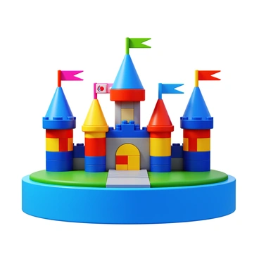 A castle constructed entirely from solid toy building bricks in vibrant colors. The castle features multiple towers and a large central keep, all designed with distinct brick patterns. Surrounding the castle is a wide moat filled with blue water, reflecting the castle's bright colors. Colorful flags fly from the top of the towers, each flag displaying different playful designs. The landscape includes a grassy area leading up to the castle, adding to the whimsical atmosphere.