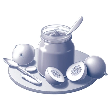 A jar filled with guava jam, showcasing its thick, textured consistency. The jar is placed on a wooden surface, with the lid slightly ajar to reveal the jam inside. Next to the jar, a silver spoon rests, its reflective surface catching the light. Scattered around the jar are several fresh guavas, their smooth skin and round shape adding a natural element to the composition. The guavas vary in size, some whole and others cut in half, revealing the juicy interior with vibrant seeds.