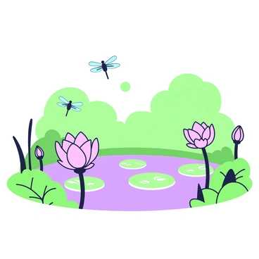 A serene lotus pond is filled with blooming lotus flowers, their petals gently unfurling on the surface of the water. The pond's edges are bordered by lush green reeds and soft lily pads. Above the pond, a gentle morning mist creates a soft, ethereal atmosphere, partially obscuring the outlines of the surrounding trees. A few dragonflies are hovering above the water, their delicate wings glinting in the soft light. The entire scene conveys a sense of tranquility and natural beauty.