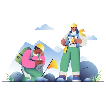 Two geologists are in the foreground, one with dark skin and short curly hair, and the other with light skin and long straight hair. Both are wearing safety helmets and carrying equipment. The first geologist is kneeling on the ground, examining a rock sample with a hand lens, while the second geologist is standing nearby, looking at a tablet displaying maps and data. 

The terrain is rugged, with large boulders and scattered rocks, and there are patches of dry grass and sparse vegetation around them. In the background, a distant mountain range is visible under a clear blue sky, with a few wispy clouds. A yellow flag marking a specific location flutters gently in the breeze.