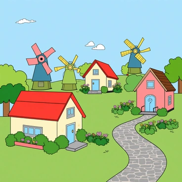 A quaint village with charming, small houses painted in various pastel colors. In the foreground, several colorful windmills with bright blades are spinning in the gentle breeze. Each windmill features a different color, such as red, blue, yellow, and green. The sky above is clear and bright, providing a cheerful backdrop. Small puffs of white clouds drift lazily, adding to the idyllic scene. Lush greenery surrounds the village, with well-maintained gardens filled with flowers of all shapes and sizes. A winding cobblestone path leads through the village, inviting exploration.