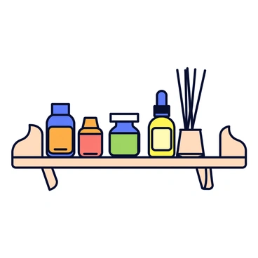 A decorative shelf made of light wood displays a collection of small glass bottles filled with various essential oils, each labeled clearly. The oils come in different colors, such as amber, green, and blue. Next to the bottles are several sticks of incense standing upright in a small holder. The incense sticks are thin and vary in length. The shelf itself is adorned with simple carvings and has a soft, natural finish. Each item on the shelf is carefully arranged to create a visually appealing composition.