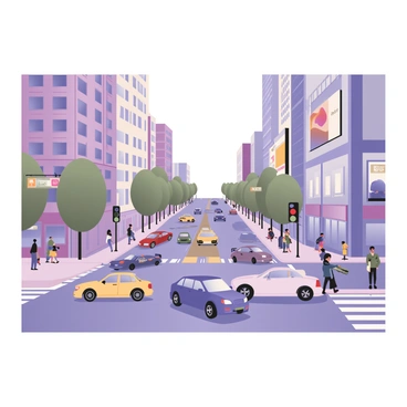 A bustling city street filled with various cars and a traffic light