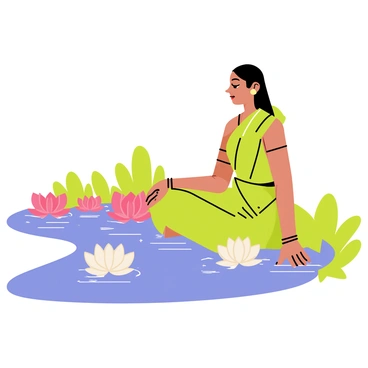 An Indian woman in traditional clothing, sitting cross-legged by a riverbank. She has long black hair tied back and a peaceful expression. The river flows gently beside her, reflecting the blue sky. Surrounding her are numerous floating lotus flowers in shades of pink and white, their petals open wide. The scene is adorned with green foliage along the river's edge, enhancing the tranquil atmosphere.