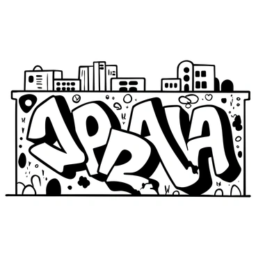 A large wall covered in intricate graffiti with various overlapping designs. The spray paint appears to blend together, creating soft transitions between different sections. Various shapes and letters are visible, each one detailed with distinct patterns. Some areas show drip marks where the paint has run down the wall, adding texture to the surface. Surrounding the wall, there are hints of a cityscape in silhouette, with buildings faintly visible in the background.