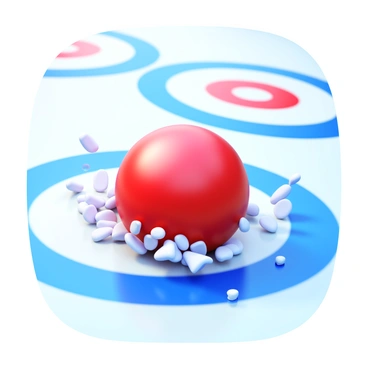 A 3D depiction of a curling stone gliding smoothly across a shiny ice surface. The curling stone is designed in a vibrant red color with a polished finish, showcasing its distinctive circular shape. Ice shavings scatter around it, capturing the motion from its swift trajectory. The scene includes a detailed curling sheet with blue and red target circles in the background, emphasizing the competitive setting of the sport. The surrounding ice reflects light, creating a dynamic and engaging visual representation of the action.