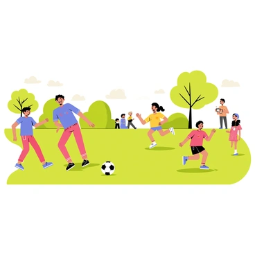A park scene featuring several children actively playing soccer. Two children in bright blue jerseys are dribbling a black and white soccer ball across a grassy field. A third child in a red jersey is running towards the ball, while another child in a yellow shirt is jumping in excitement. In the background, trees with green leaves provide shade, and a few spectators, including a parent holding a drink, watch the game. The sky is clear with a few fluffy clouds, adding to the atmosphere of fun and teamwork.