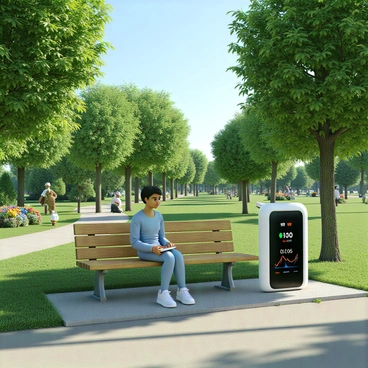 An AI device with a sleek, modern design and a digital display sits on a wooden bench in a park. The device shows various health vitals such as heart rate, blood pressure, and oxygen levels, represented by colorful graphs and numbers. A person with medium skin tone, wearing a light blue athletic outfit, is sitting beside the bench, looking at the device with interest. Surrounding them are green trees with lush leaves, colorful flowers blooming nearby, and a clear blue sky above. A pathway winding through the park can be seen in the background, with a few people walking and enjoying the outdoors.