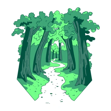 A narrow woodland path winding through a densely wooded area. Tall trees with thick trunks line both sides of the path, their branches forming an arch above. The leaves of the trees are lush and vibrant, creating a green canopy that filters the sunlight. As you progress along the path, the trees appear to lean in slightly, giving the impression of enclosing the space. The ground is covered with a soft layer of fallen leaves and scattered twigs, enhancing the sense of being surrounded by nature.