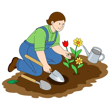 A gardener with light skin and short brown hair is kneeling in a garden bed filled with rich brown mud. She is wearing a green shirt and denim overalls. In her right hand, she holds a shiny silver trowel, with the blade partially submerged in the soil. The gardener is carefully placing colorful flowers, including yellow daisies and red tulips, into the freshly dug holes. Around her, a few scattered gardening tools and a watering can add to the scene. The sun is shining, casting soft shadows and highlighting the vibrant colors of the flowers.