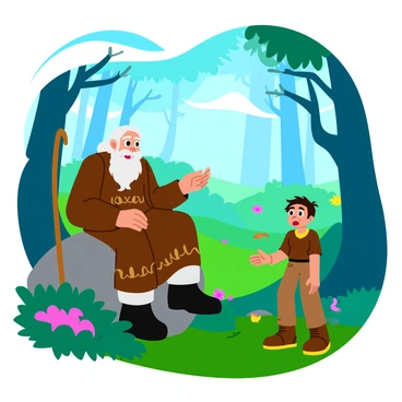 An elderly man with a long, white beard and a weathered face sits on a large, moss-covered rock in a vibrant, mystical forest. He wears a brown cloak with intricate patterns and has a wooden staff leaning beside him. In front of him stands a young hero, dressed in a simple tunic and leather boots, looking eager and attentive. The forest is filled with tall, colorful trees with twisting branches and glowing flowers. Soft beams of light filter through the leaves, illuminating the scene as magical creatures peek from behind the bushes. The old man gestures with his hand, as if passionately explaining an important quest.