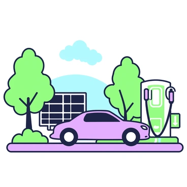 An electric car is parked at a charging station with a green charging unit. The car has a sleek design and is primarily positioned to the right of the charging unit. On the left side of the scene, there are various trees with dense foliage providing ample shade. In the background, there is a solar panel array next to the charging station, capturing sunlight. The ground is paved, and there is a sign next to the station indicating electric vehicle charging. Blue skies and a few clouds are visible above, completing the tranquil setting.