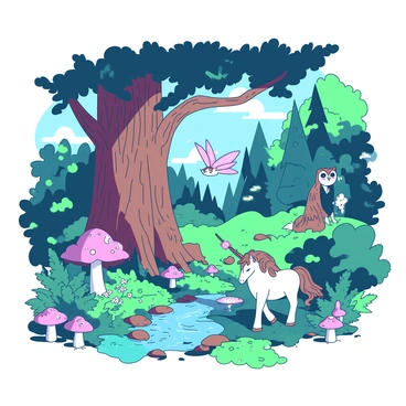 A duotone illustration featuring a "magical woodland" scene. In the foreground, there is a "giant ancient tree" with a thick trunk, surrounded by vibrant "green ferns" and "colorful mushrooms". Among the foliage, various "mythical creatures" can be seen; a small "fairy with shimmering wings" flits above a "sparkling brook" that runs through the scene. A "unicorn with a flowing mane" grazes peacefully nearby, while in the trees, an "owl with piercing eyes" watches. The atmosphere is filled with a soft, enchanting glow, emphasizing the mystical nature of this woodland.