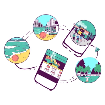 A series of dynamic, looping Instagram Reels showcasing a sequence of moments. The first Reel features a vibrant yellow beach scene with waves gently lapping at the shore, a bright orange beach ball rolling across the sand. The second Reel captures a bustling city street, with people walking and a teal food truck serving colorful dishes. The third Reel shows a cozy café setting, with steaming cups of white coffee on marble tables and pastries displayed in a glass case. The final Reel highlights a serene park, where children play on a white playground while a teal kite soars high in the sky. Each moment flows seamlessly into the next, creating a lively visual narrative.