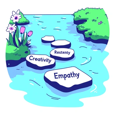 A flowing river with clear blue water is surrounded by lush green grass and vibrant flowers along its banks. In the middle of the river, there are several large, flat stepping stones arranged in a path. Each stepping stone is labeled with a different skill, including "Resilience" in bold, clear letters, "Creativity" in a playful font, and "Empathy" in elegant script. The stones are unevenly spaced, creating a challenge for anyone wishing to cross the river. Reflections of the stepping stones and the labels can be seen shimmering in the water.