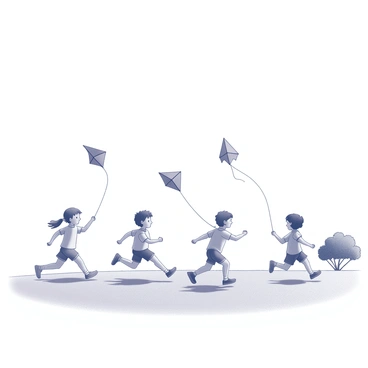 A spacious open field with a clear sky and a noticeable breeze. Several children are running energetically, each holding a string connected to a different kite. The kites are various shapes and sizes, including a classic diamond shape and a whimsical animal design. The children are wearing light clothing suitable for a warm day, and their hair is being tousled by the wind. There are a few trees in the background, adding depth to the scene.