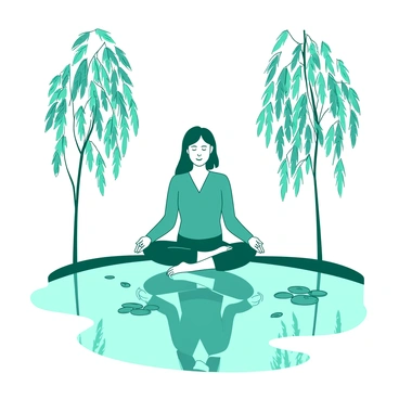 A teal woman is sitting cross-legged in meditation by a white pond. Her eyes are closed, and she has a peaceful expression on her face. Surrounding the pond are tall, weeping willow trees with hanging branches that gently sway in a soft breeze. The surface of the pond reflects the outlines of the trees and the woman, creating a harmonious scene. Small lily pads float on the pond's surface, adding to the serene atmosphere.