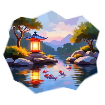 A serene koi pond surrounded by lush greenery and rocks, softly illuminated by a traditional Japanese lantern. The lantern, made of stone, casts a warm glow over the water, creating gentle reflections. Colorful koi fish swim gracefully beneath the surface, their vibrant patterns contrasting against the dark water. The sky above transitions to dusk, with deep blues and purples blending together, while silhouettes of nearby trees frame the scene. Delicate ripples disturb the calm water as a light breeze passes through, enhancing the tranquil atmosphere.