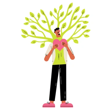 A man is standing with his chest open, revealing a large tree growing from his heart. The tree has a thick trunk and numerous branches extending outward, resembling arms and hands. Each branch is adorned with vibrant green leaves. The man's facial expression is serene, showing a connection between him and the tree. The scene is set against a simple background, emphasizing the striking image of the tree and the man.