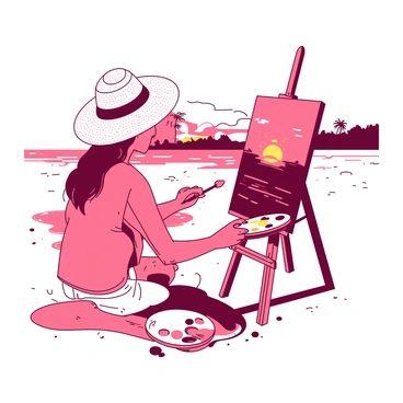 An artist wearing a straw hat is painting en plein air on a sandy beach. The artist is focused on a canvas that displays a vibrant sunset with hues of red and orange reflecting on the water. The beach is lightly dotted with smooth pebbles, and a gentle wave is lapping at the shore. In the background, there are silhouettes of distant palm trees against the colorful sky. A small easel holds the canvas steady, while the artist's palette, filled with various colors, rests on the sand beside them.