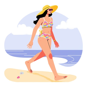 A woman wearing a colorful swimsuit and a large, fashionable sunhat is walking along the sandy beach. The sunhat has a wide brim that casts a shadow over her face. She has sunglasses perched on her nose, and her long hair flows gently in the ocean breeze. The beach is dotted with seashells, and gentle waves lap at her feet as she strolls. In the background, there are fluffy white clouds in a bright blue sky.