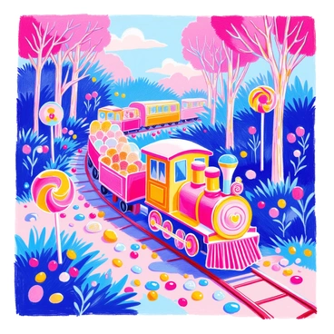 A train made of candy is traveling along a winding track through a lush forest. The train cars are designed to resemble various types of candy, including gummy bears, chocolate bars, and hard candies. Surrounding the train, tall lollipops of different sizes and colors rise from the ground like trees. The forest floor is dotted with colorful jellybeans and marshmallows, providing a vibrant carpet under the candy train. Brightly colored swirls of frosting decorate some of the trees, adding to the whimsical atmosphere.