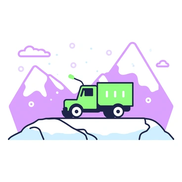 A truck with bright lights is stationed on a snow-covered mountain peak. The truck is equipped with large, rugged tires and visible markings on the side. The bright lights illuminate the surrounding area, casting a glow on the soft, white snow. In the background, there are jagged mountain edges and a clear sky, with a few scattered clouds. Snowflakes are gently falling, adding to the winter atmosphere. The scene is tranquil and focused on the truck's presence in the snowy terrain.