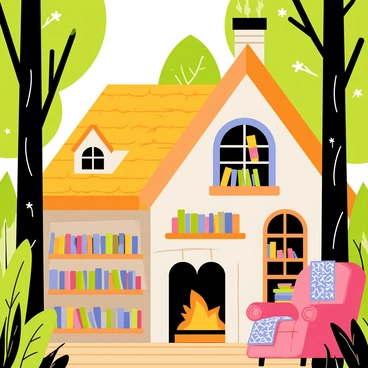 A cozy cottage nestled within a dense forest, surrounded by tall green trees and colorful flowers. The cottage has a charming thatched roof and wooden walls, with smoke gently rising from the chimney. Inside, the warm glow of a fireplace illuminates the room. Shelves filled with an array of books line the walls, with some books spilling onto the wooden floor. A comfortable armchair sits in the corner, draped with a knitted blanket, inviting one to read. Sunlight streams through the window, casting soft shadows on the cozy interior.